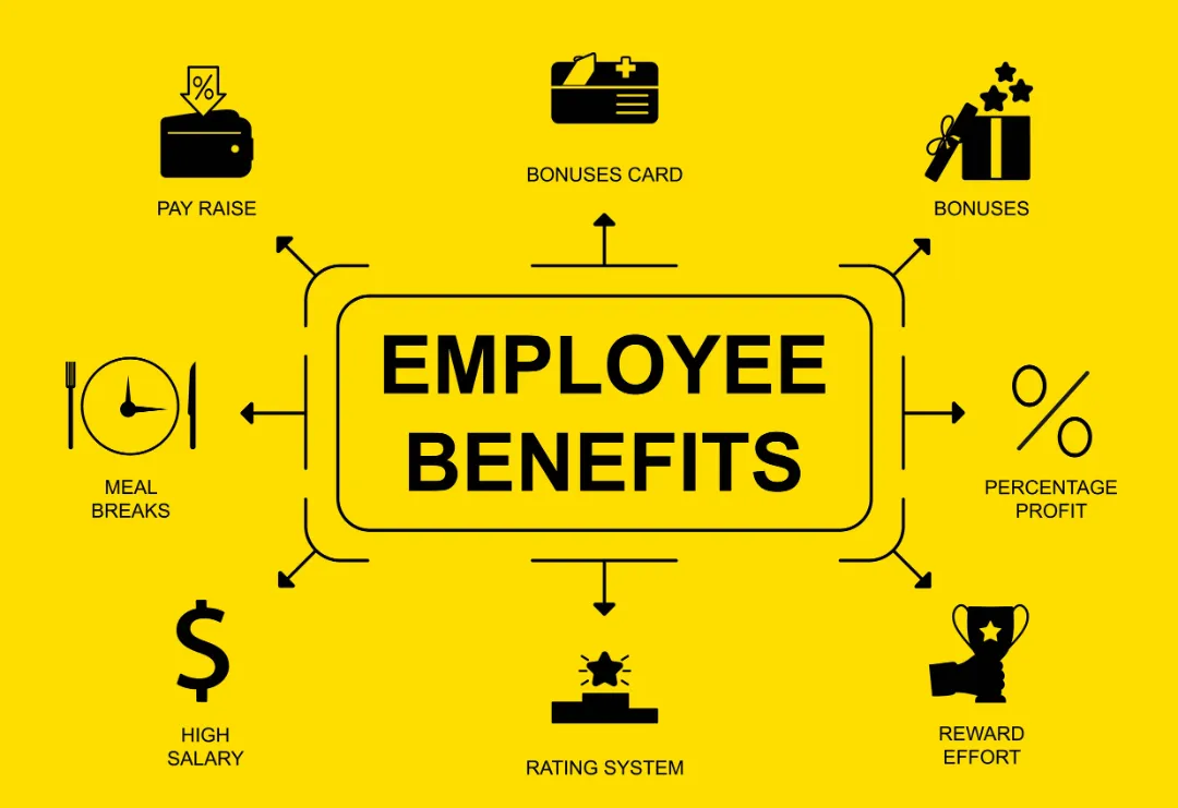 196133804_m Graphic highlighting various employee benefits: pay raise, meal breaks, bonuses, and profit percentage on a bright yellow background.