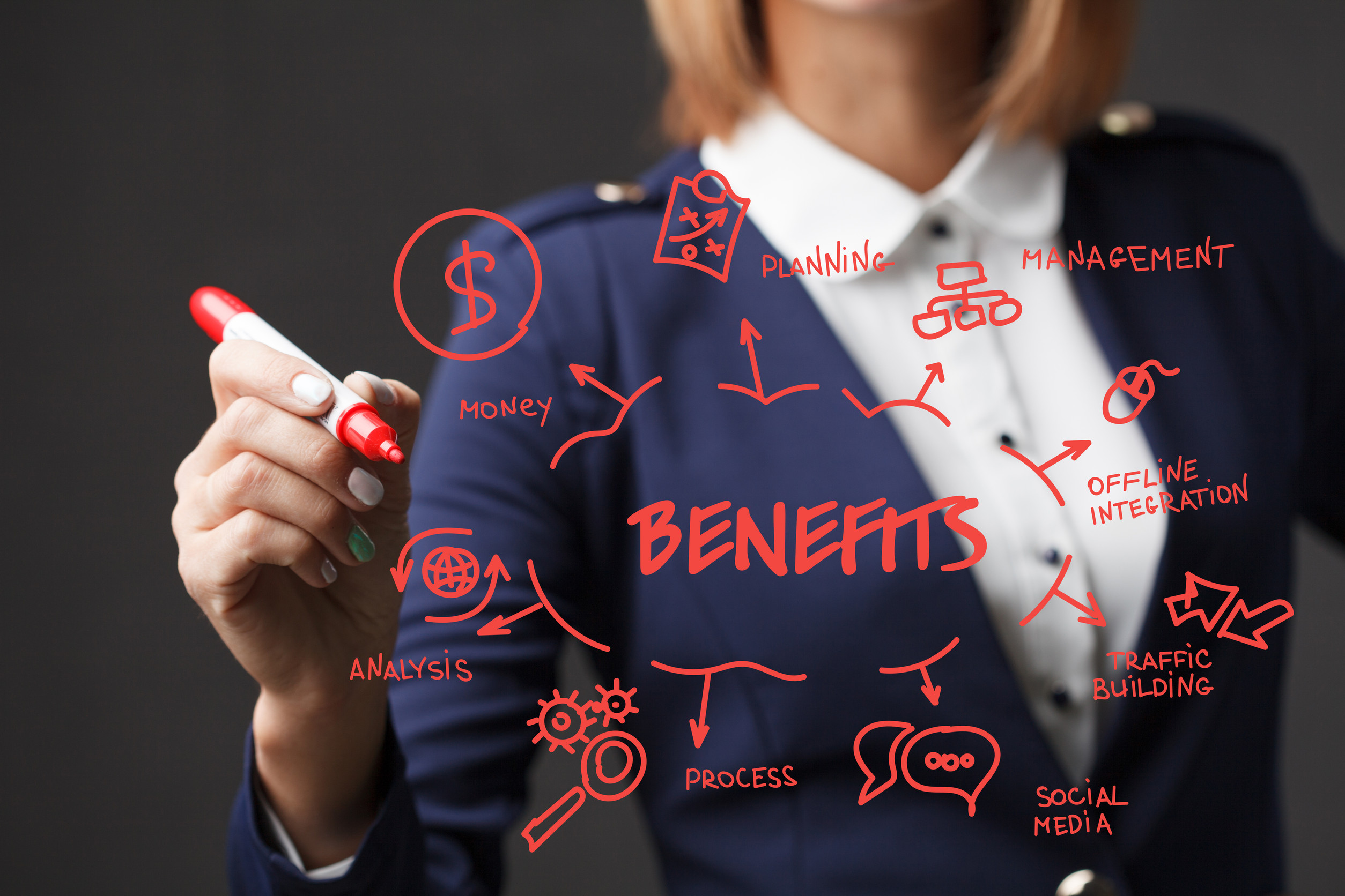 Business girl writes a red marker development strategy. The conc Business girl writes a red marker development strategy. The concept of marketing. Benefits